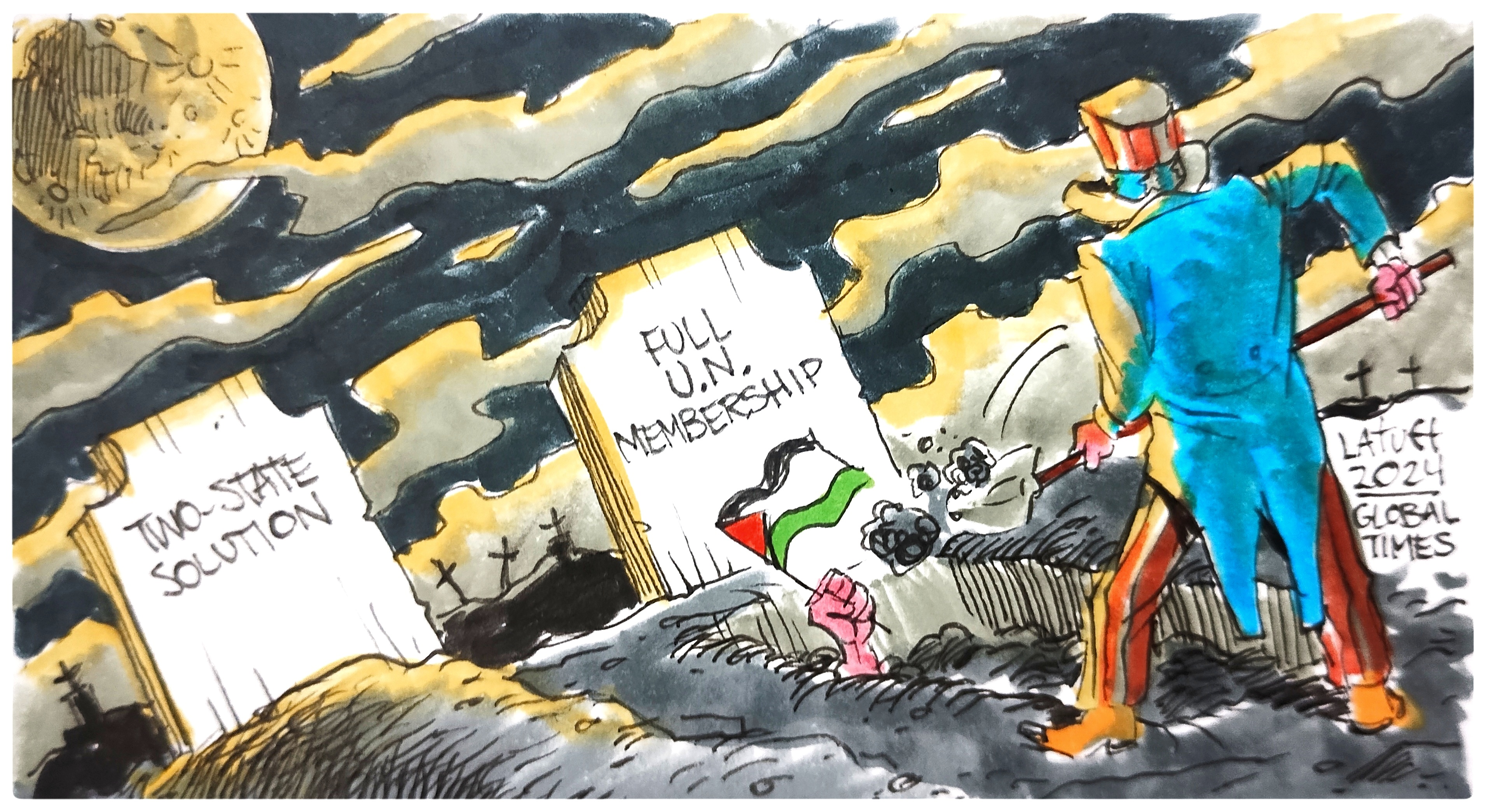 The US blocks Palestine's path to full UN membership. Cartoon: Carlos Latuff