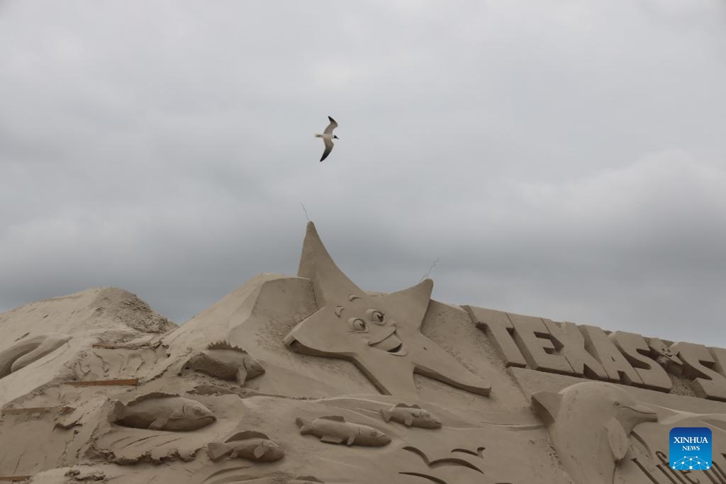 A seagull flies over a major sand sculpture during the 2024 Texas SandFest held in Port Aransas, Texas, the United States, April 21, 2024. The three-day Texas SandFest came to an end on Sunday, with thousands of spectators from all over the world.(Photo; Xinhua)