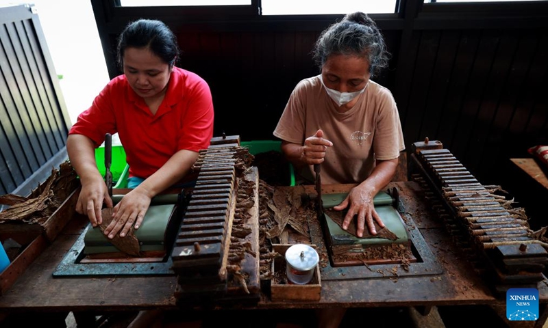 Workers cut dried tobacco leaves to make cigars at a cigar factory in Temanggung, Central Java, Indonesia, on April 22, 2024.(Photo; Xinhua)