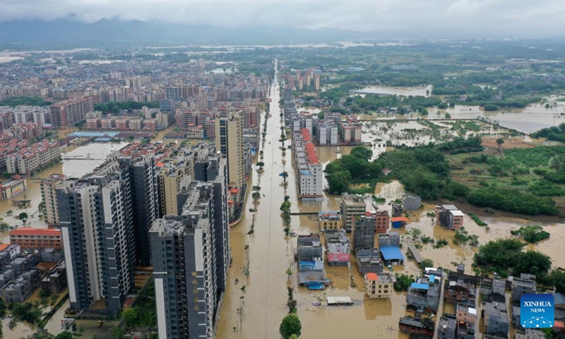 An aerial drone photo taken on April 21, 2024 shows a submerged area in Hanguang Town of Qingyuan, south China's Guangdong Province. A total of 38 hydrological stations at 24 rivers in south China's Guangdong Province have reported water levels surpassing the alert threshold as of 4 p.m. on Sunday, according to the provincial department of water resources.(Photo: Xinhua)