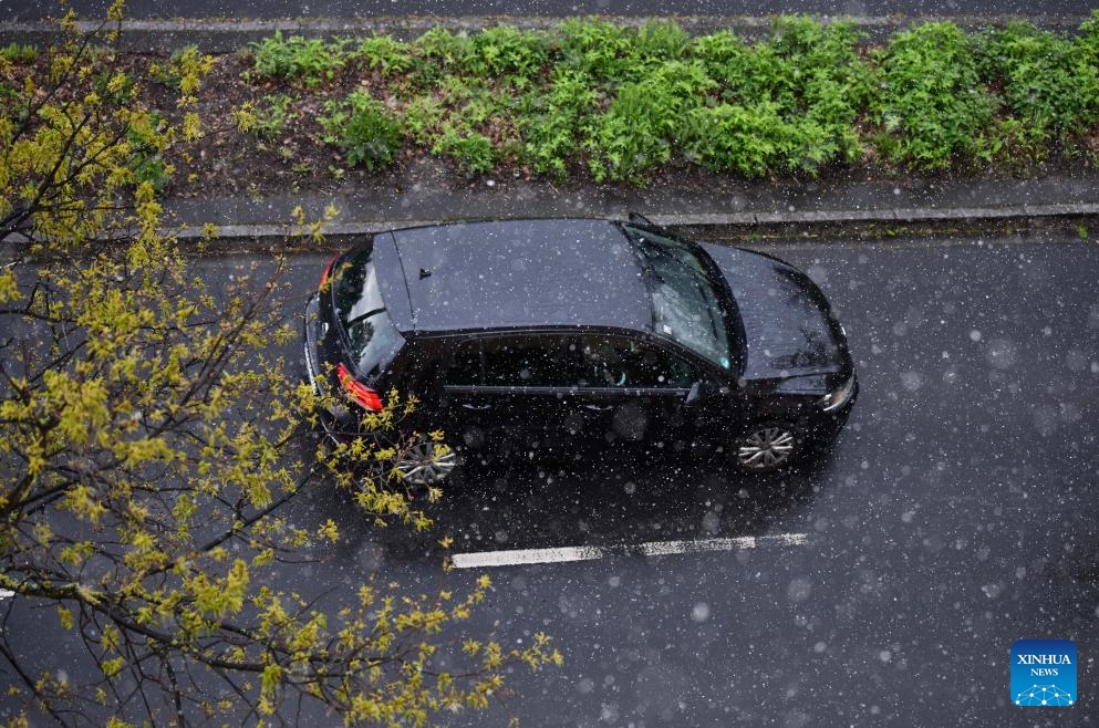 A car moves amid snow in Goettingen, Germany, April 22, 2024.(Photo; Xinhua)