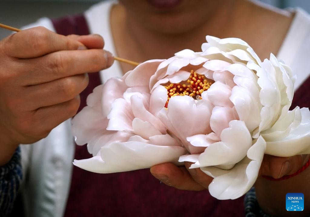A staff member makes a peony-shaped porcelain handicraft at Luoyang Peony Porcelain Museum in Luoyang, central China's Henan Province, April 17, 2024. As an imperial capital during 13 dynasties, Luoyang claims to have the country's best peonies. In recent years, Luoyang has actively explored the culture related to peony flowers, encouraging the development of peony-themed porcelain, painting, and many other characteristic activities containing peony elements.(Photo: Xinhua)