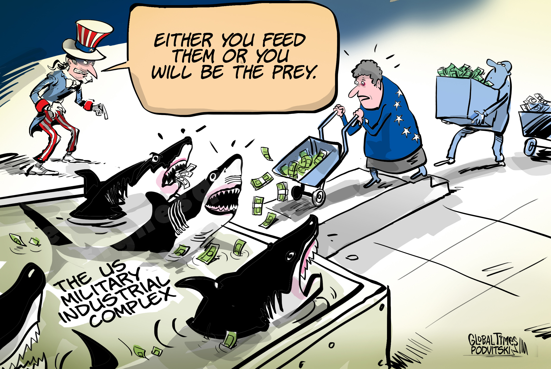 The US plunders the world to feed its military industrial complex. Cartoon: Vitaly Podvitski