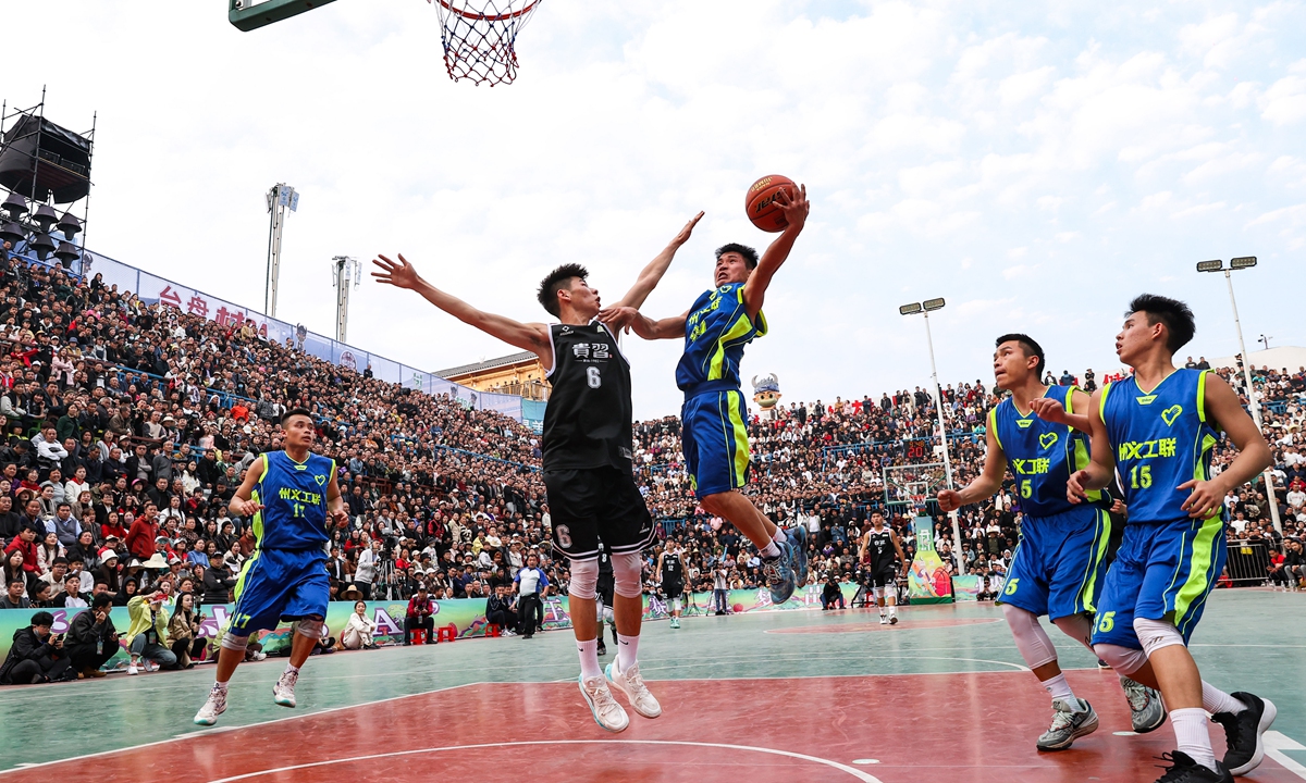 The preliminary contests for China's rural basketball league in Taipan village, Qiandongnan Miao and Dong Autonomous Prefecture, Southwest China's Guizhou Province on March 22, 2024. Photo: IC 