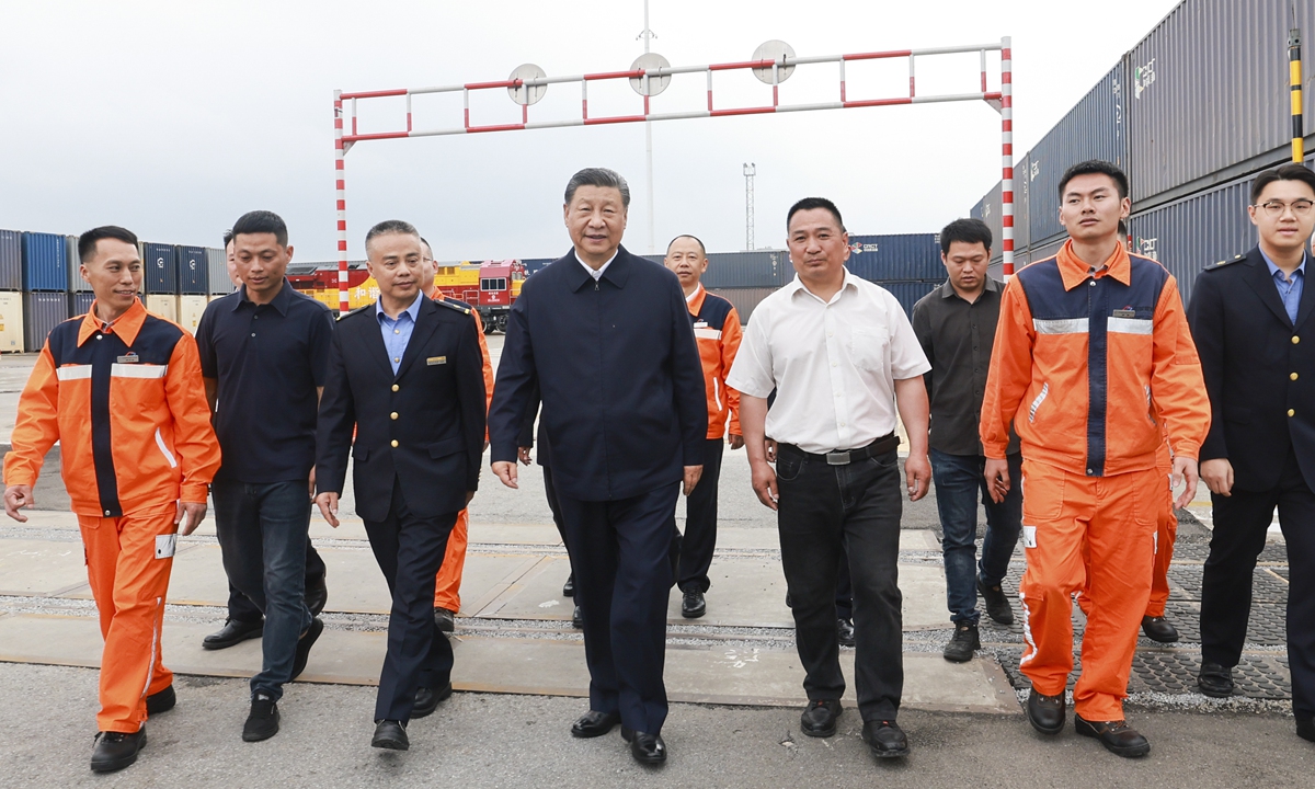 Chinese President Xi Jinping, also general secretary of the Communist Party of China Central Committee and chairman of the Central Military Commission, visits an international logistics hub park in Southwest China's Chongqing Municipality on April 22, 2024. Photo:Xinhua