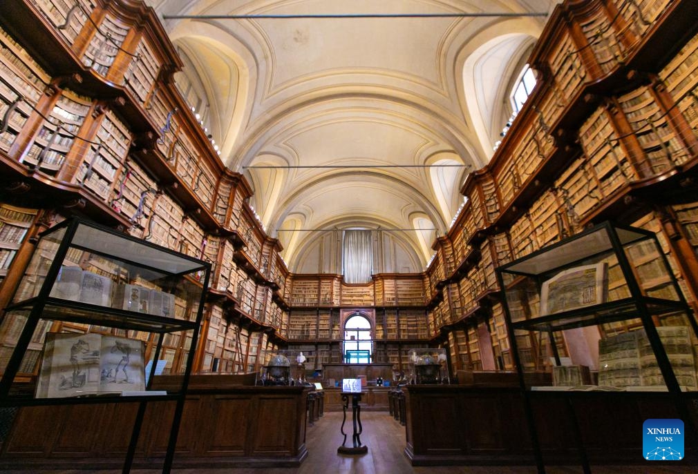 This photo taken on April 22, 2024 shows the collections and manuscripts of Biblioteca Angelica in Rome, Italy. Biblioteca Angelica, founded in 1604, is the oldest public library in Rome. This year's World Book Day falls on Tuesday.(Photo: Xinhua)