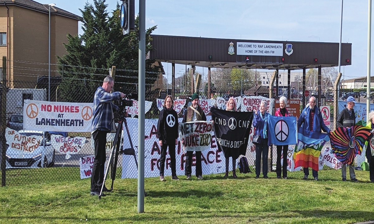 The Lakenheath Alliance for Peace is launched by a group of activists at Lakenheath, UK on March 26 against the return of US nuclear weapons. Photo: Angie Zelter 