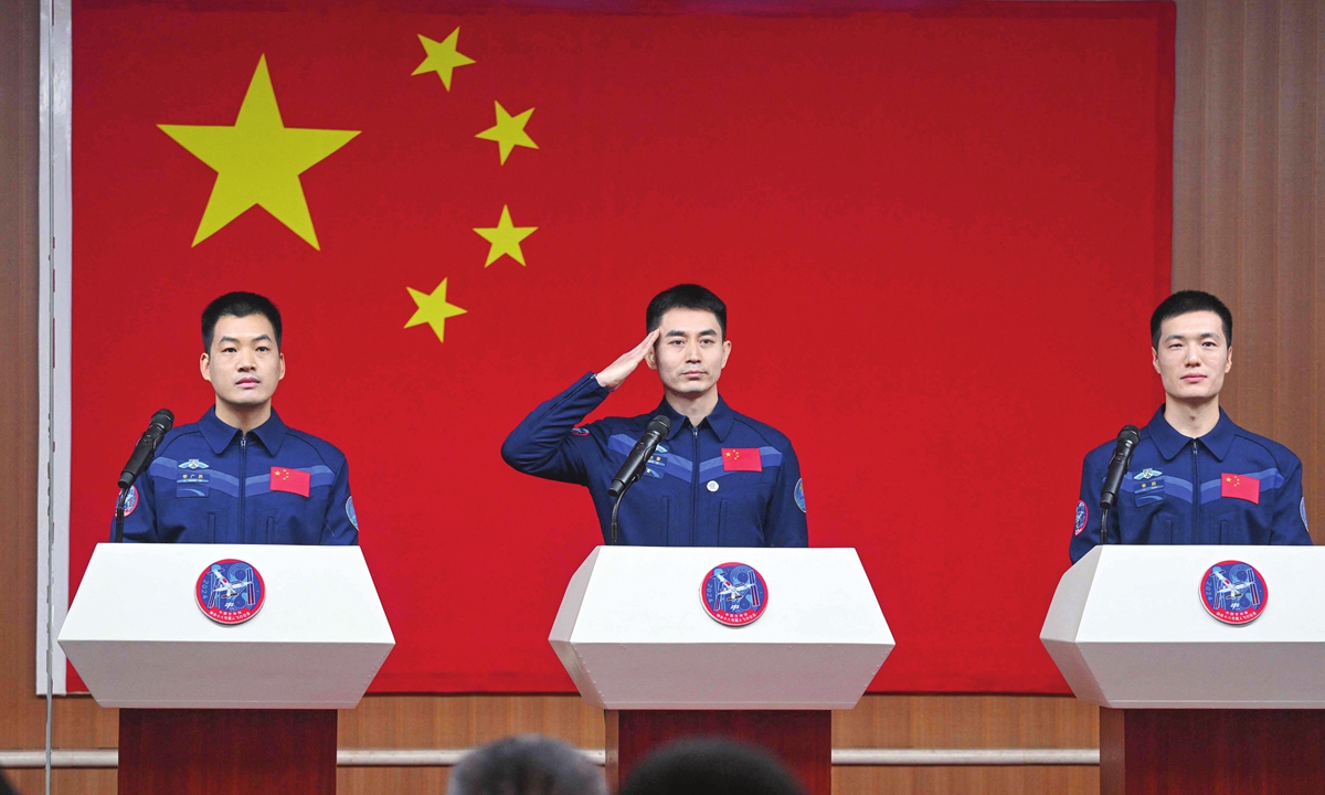 Astronauts for China's Shenzhou-18 space mission, Li Guangsu (left), Ye Guangfu (center) and Li Cong, attend a press conference at the Jiuquan Satellite Launch Center on April 24, 2024, a day before the launch of the mission. Photo: VCG