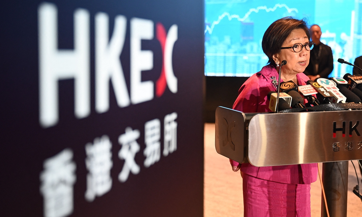 Laura Cha, chairperson of Hong Kong Exchanges and Clearing, speaks to the media in Hong Kong on April 24, 2024 after hosting her last annual general meeting before stepping down after six years in the position. She said the city's stock exchange would continue to go international as it considered all options to stimulate market turnover. Iron Lady Cha was the first helmswoman of Hong Kong's stock exchange. Photo: VCG