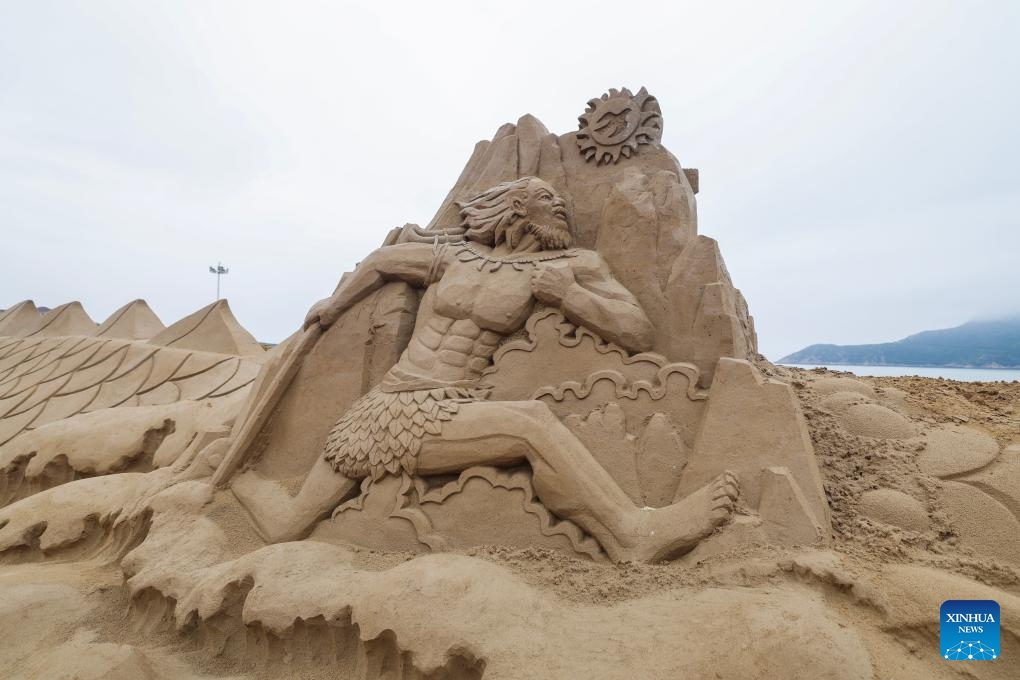 A sand sculpture is seen at Nansha scenic area in Zhujiajian, Zhoushan City, east China's Zhejiang Province, April 22, 2024. The sand art creations are made for the 25th Zhoushan International Sand Sculpture Festival that coincides with the upcoming May Day holiday. The sculptures, inspired by Chinese dragon culture and the ancient literature Shan Hai Jing (Classic of Mountains and Seas), are promoted as a specialty to attract tourists.(Photo: Xinhua)