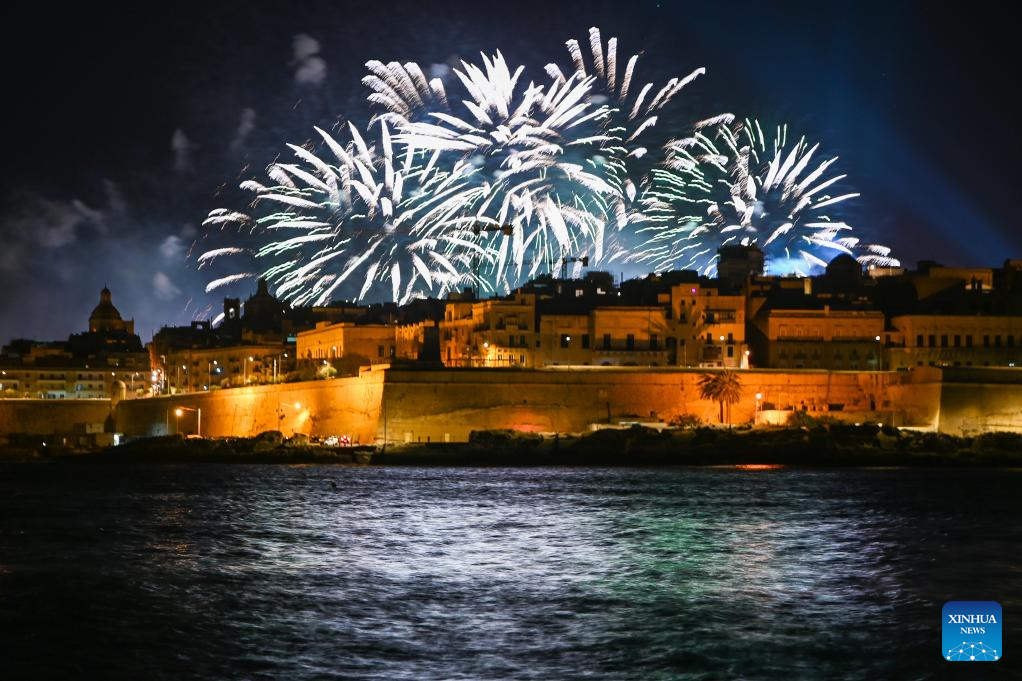This photo taken on May 3, 2024 from Sliema, Malta shows fireworks during the grand finale of the Malta International Fireworks Festival. The annual fireworks festival kicked off here on April 20. Photo: Xinhua