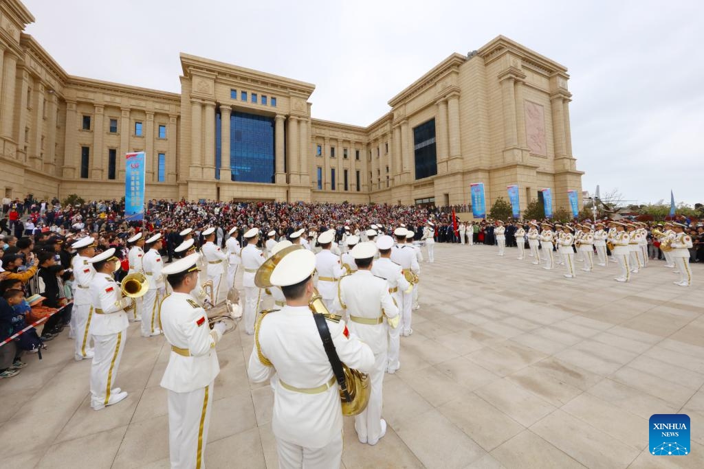 A band of the Chinese People's Liberation Army (PLA) Navy performs at the Chinese PLA Navy Museum to celebrate the 75th founding anniversary of the Chinese PLA Navy in Qingdao, east China's Shandong Province, April 20, 2024. This year marks the 75th founding anniversary of the Chinese People's Liberation Army (PLA) Navy.(Photo: Xinhua)