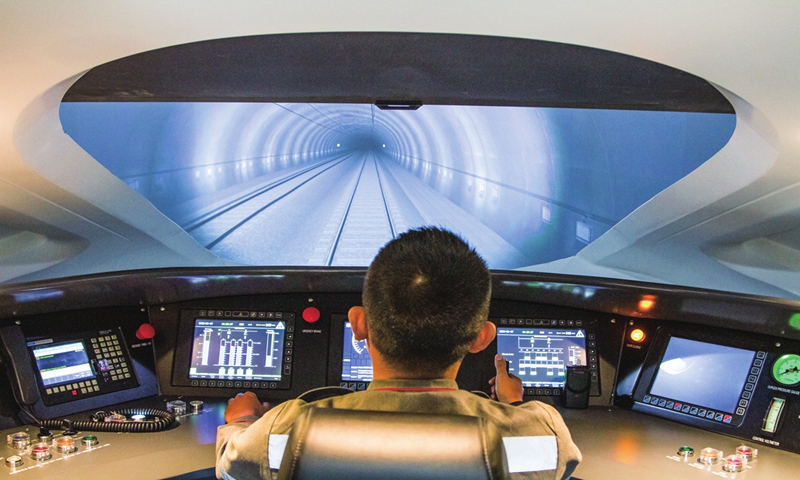 An electric multiple unit (EMU) machinist trainee tries the high-speed train simulator at Tegalluar High Speed Train Depot of the Jakarta-Bandung High-Speed Railway in Bandung, Indonesia, on January 17, 2024. Photo: VCG 
