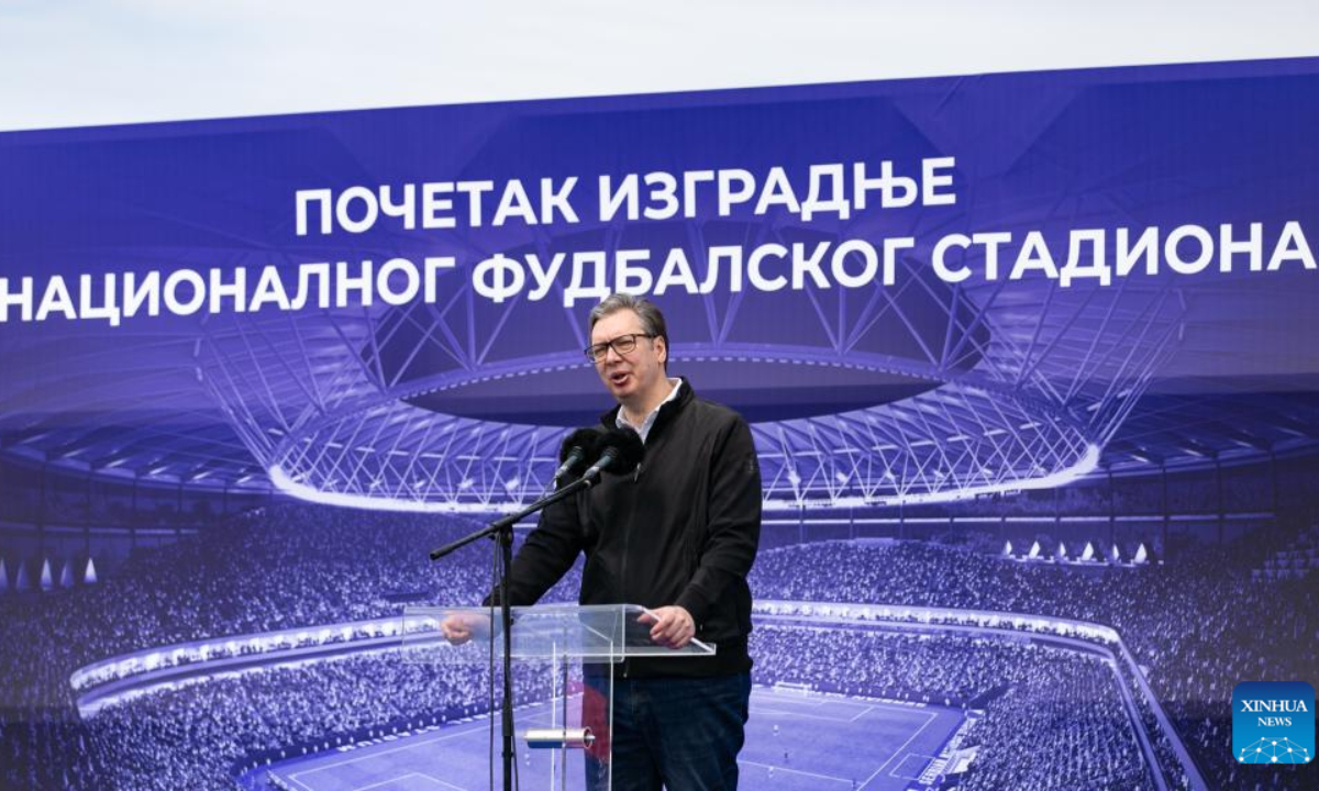Serbian President Aleksandar Vucic addresses a groundbreaking ceremony for the construction of Serbia's National Stadium in Belgrade, Serbia, on May 1, 2024. Photo:Xinhua