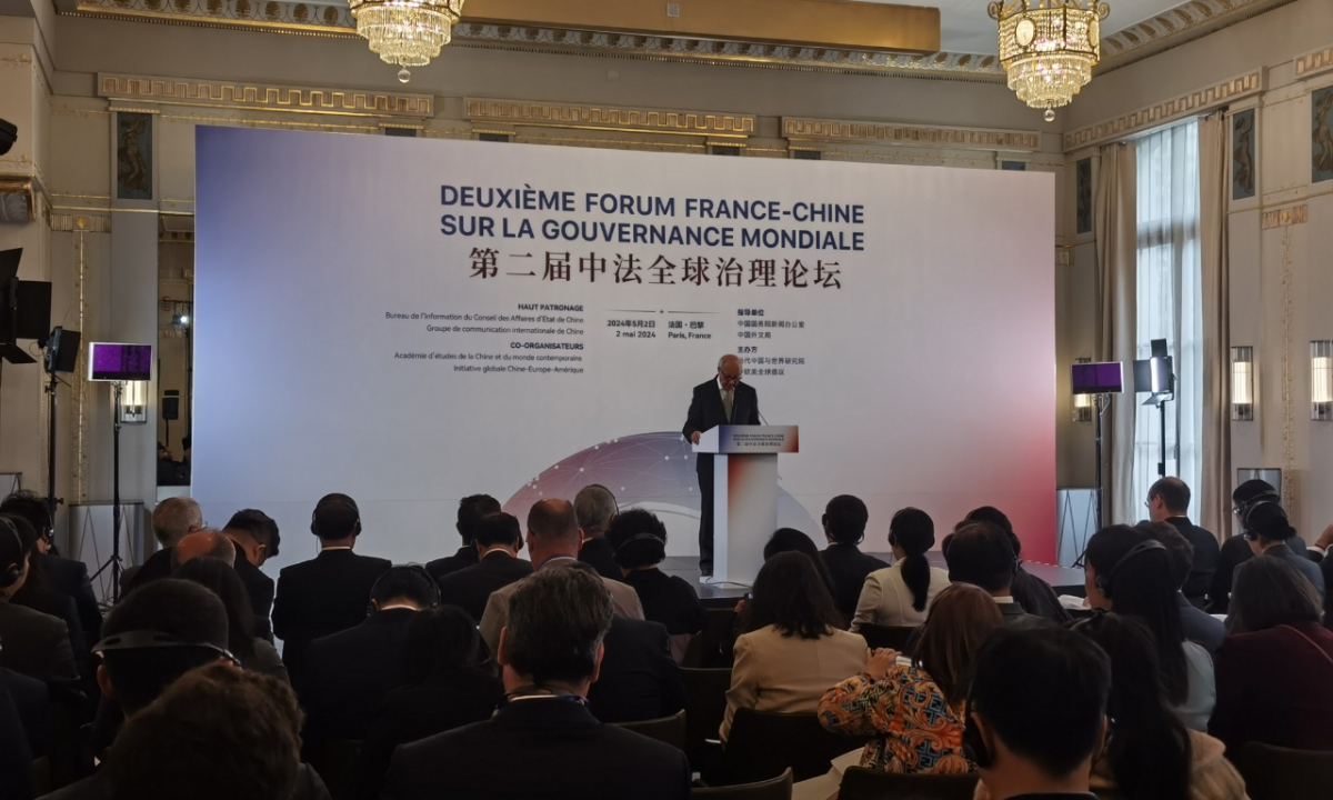 L’ancien Premier ministre français Laurent Fabius prononce un discours lors du deuxième Forum sino-français sur la gouvernance mondiale à Paris, le 2 mai 2024. Photo/GT Wang Wenwen