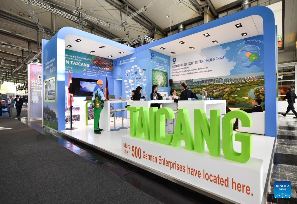 This photo taken on April 22, 2024 shows the booth of Taicang, a city in east China's Jiangsu Province, at Hannover Messe 2024 in Hannover, Germany. The exhibition, focused on energizing a sustainable industry, runs until Friday and attracted almost 4,000 exhibitors from around 60 countries and regions. Among them, Chinese exhibitors accounted for 30 percent of participants, second only to the host Germany, according to the organizer.(Photo: Xinhua)