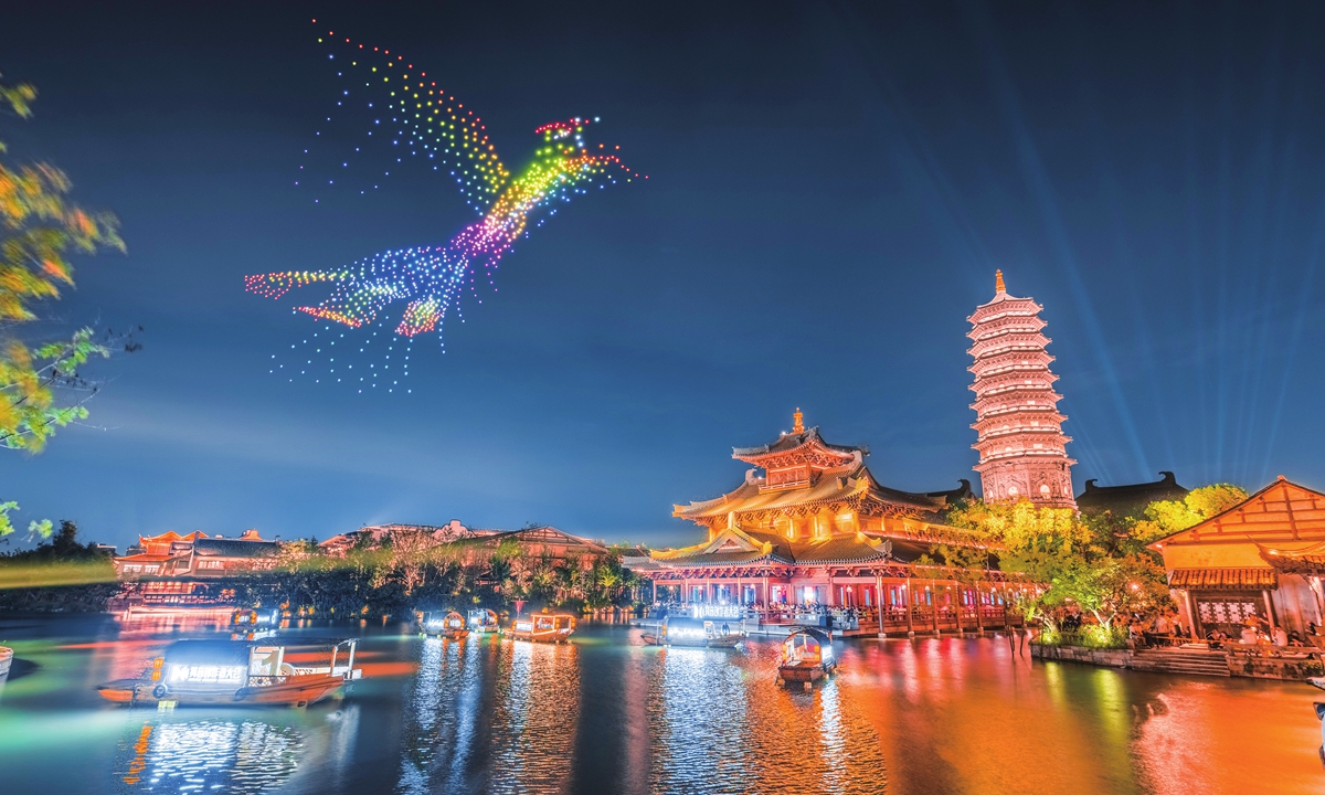 The night view of Puyuan ancient town in Tongxiang,East China's Zhejiang Province