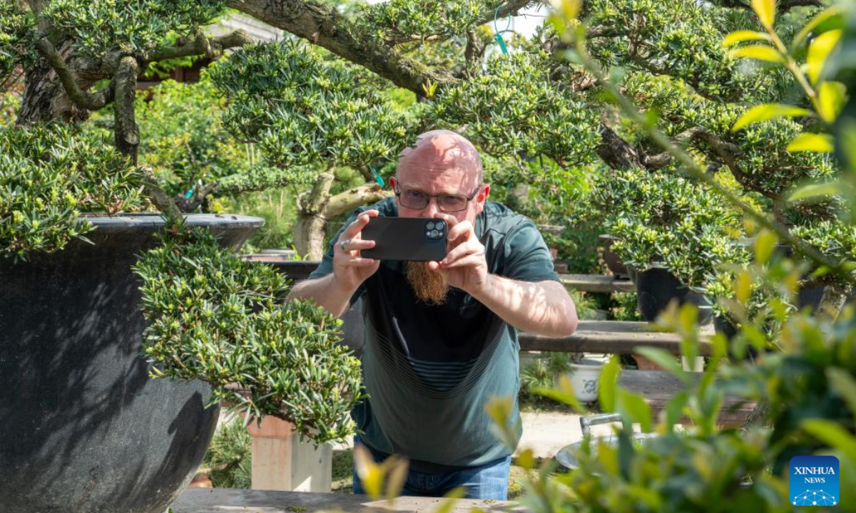 Chad Sinclair visits a bonsai garden in Wenjiang district of Chengdu, capital of southwest China's Sichuan Province, on April 21, 2024. Photo:Xinhua