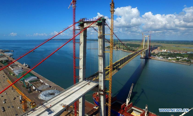 Aerial photo taken on May 8, 2018 shows the Chinese-built Maputo Cross-sea Bridge in Maputo, Mozambique. Photo: Xinhua
