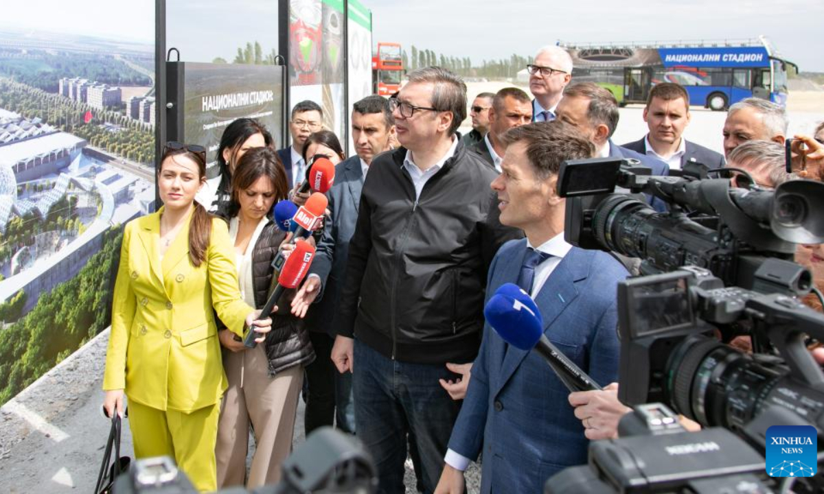 Serbian President Aleksandar Vucic (C) reviews the project presentation during a groundbreaking ceremony for the construction of Serbia's National Stadium in Belgrade, Serbia, on May 1, 2024. Photo:Xinhua