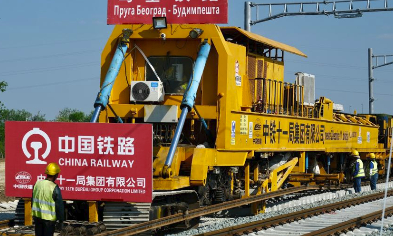 Construction workers of the Belgrade-Budapest railway project work on the tracks on the Novi Sad-Subotica section in Sajlovo, Serbia, on April 11, 2024. Once operational, the high-speed railway will be equipped with modern signaling and safety systems, significantly reducing travel time between the two cities. (Xinhua/Zheng Kaijun)