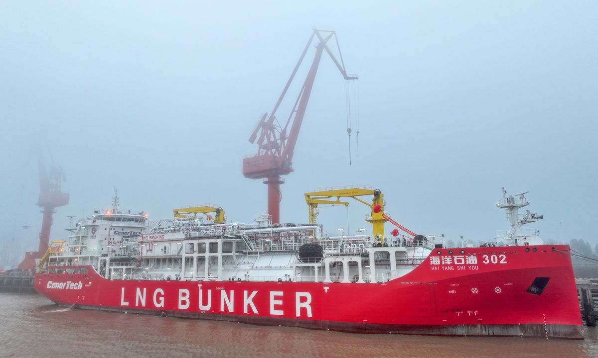 A liquefied natural gas (LNG) bunker is delivered to Chinese oil giant CNOOC on April 28, 2024 in Nantong, East China's Jiangsu Province. The vessel is used to refuel other ships powered by LNG, contributing to green development of traffic both on the ocean and on the Yangtze River. Photo: cnsphoto