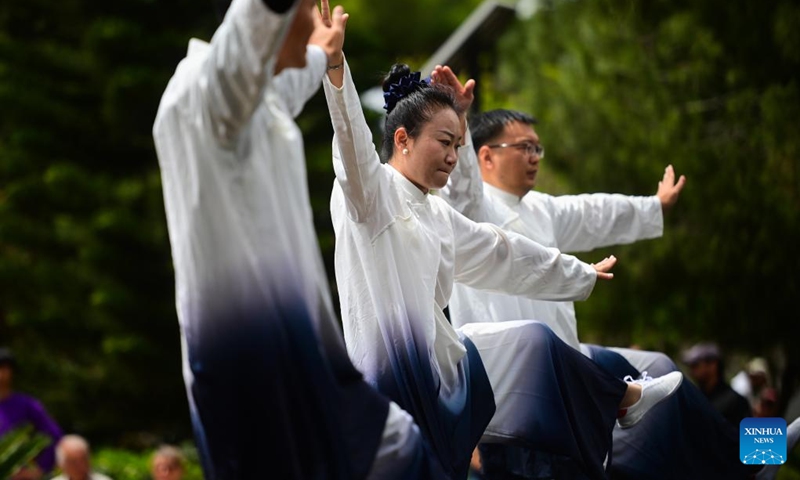 Members of the 19th Chinese medical team from the Mediterranean Regional Centre for Traditional Chinese Medicine (MRCTCM) perform Tai Chi during a Chinese cultural event held at the Chinese Garden of Serenity in Santa Lucija, Malta, on April 27, 2024. Photo: Xinhua