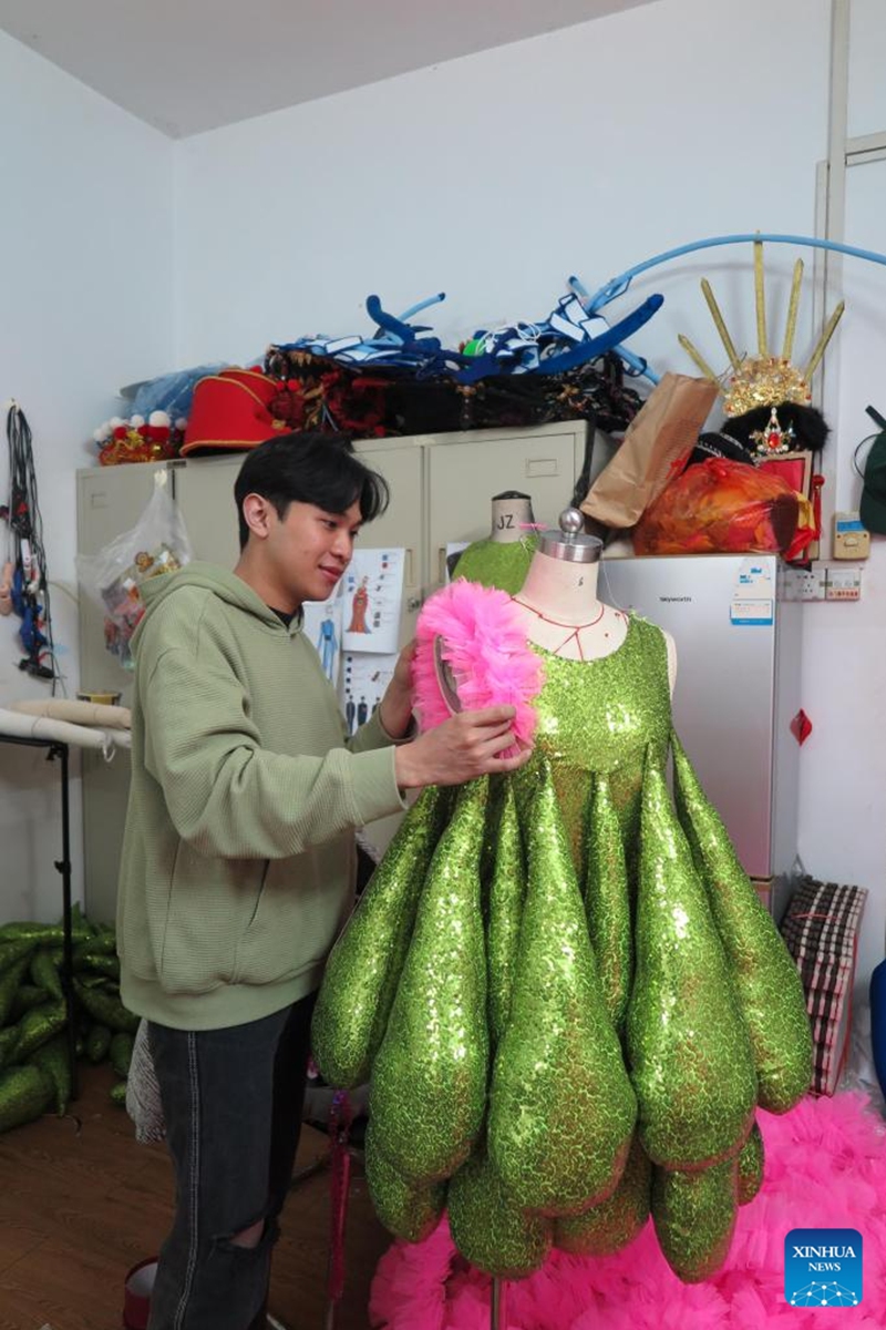 Yusuf Maulana Firdaus, an international student from Jakarta, Indonesia, works on his graduation projects in a studio in Nanning, capital of south China's Guangxi Zhuang Autonomous Region, March 7, 2024. Photo: Xinhua