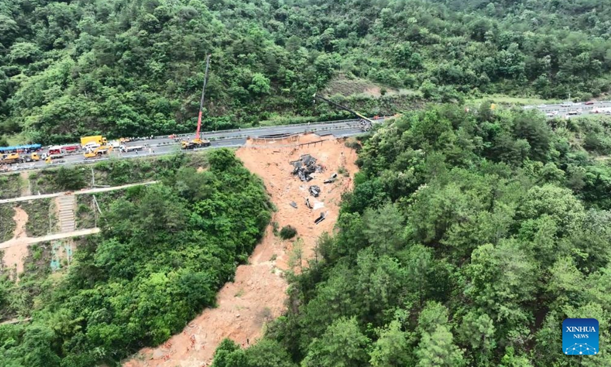 This photo taken on May 1, 2024 shows the site of an expressway collapse accident on the Meizhou-Dabu Expressway in Meizhou, South China's Guangdong Province. Photo: Xinhua 