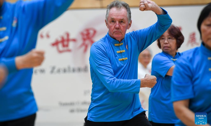 Tai Chi enthusiasts practice at 2024 New Zealand World Tai Chi Day Event in Auckland, New Zealand, April 27, 2024. The event is jointly hosted here Saturday by the China Cultural Centre in Auckland and other organizations. The World Tai Chi Day falls on the last Saturday of April. Photo: Xinhua