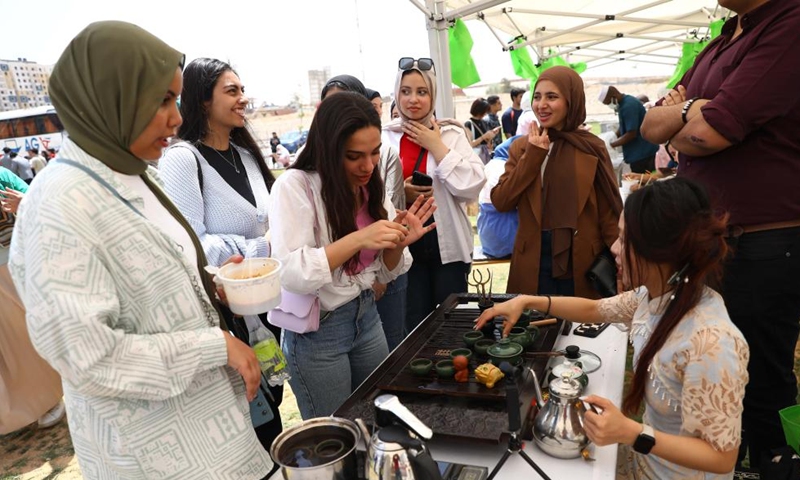 Egyptian students taste Chinese tea during a ceremony to celebrate Chinese Language Day in Cairo, Egypt, April 27, 2024. Students studying in Egyptian colleges celebrated Saturday the United Nations Chinese Language Day with a themed event featuring a concert, food and tea tasting, sketch comedy, and art show. Photo: Xinhua