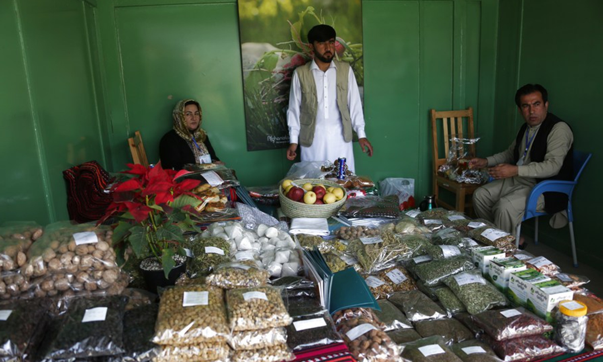 Photo taken on May 1, 2024 shows a booth at an exhibition of agricultural products in Kabul, capital of Afghanistan. (Photo by Saifurahman Safi/Xinhua)

