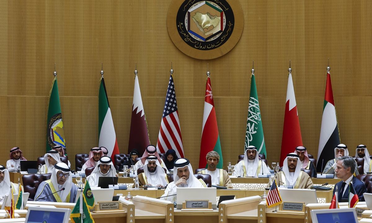 GCC Secretary-General Jassem Mohamed Albudaiwi, US Secretary of State Antony Blinken, Saudi Arabia's Foreign Minister Prince Faisal bin Farhan bin Abdullah and other officials attend a Joint Ministerial Meeting of the GCC-US Strategic Partnership to discuss the humanitarian crises faced in Gaza, in Riyadh, on April 29, 2024. Photo: VCG