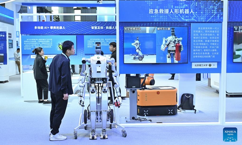This photo taken on April 26, 2024 shows an emergency rescue humanoid robot during a permanent exhibition at the Zhongguancun Exhibition Center in Beijing, capital of China. The permanent exhibition will be opened to the public recently, showcasing more than 430 technologies and products from more than 320 research institutions and enterprises in Beijing in cutting-edge fields such as artificial intelligence, quantum information, commercial aerospace, life and health, and synthetic biological manufacturing.(Photo: Xinhua)