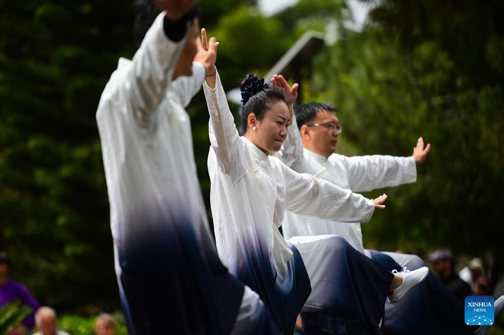 Members of the 19th Chinese medical team from the Mediterranean Regional Centre for Traditional Chinese Medicine (MRCTCM) perform Tai Chi during a Chinese cultural event held at the Chinese Garden of Serenity in Santa Lucija, Malta, on April 27, 2024.(Photo: Xinhua)