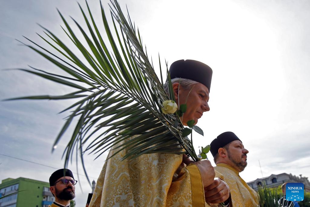 An Orthodox priest carries a palm branch during the Palm Sunday procession in Bucharest, Romania, April 27, 2024. Hundreds of Orthodox priests and believers walked through Romania's capital to celebrate the upcoming Orthodox Palm Sunday.(Photo: Xinhua)