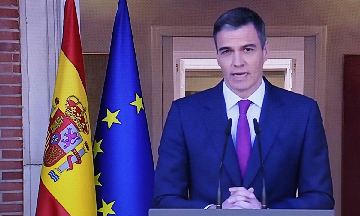 Spain's Prime Minister Pedro Sanchez announces on April 29, 2024 that he will remain in office despite political harassment. Sanchez had threatened to stand down over what he has denounced as a campaign of political harassment by the right. Photo: VCG