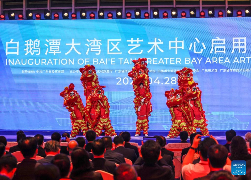 A lion dance performance is staged at the inauguration ceremony of the Bai'etan Greater Bay Area Art Center in Guangzhou, south China's Guangdong Province, April 28, 2024. Housing the Guangdong Museum of Art, the Guangdong Intangible Cultural Heritage Exhibition Center, and the Guangdong Literature Hall, the art center was inaugurated on Sunday.(Photo: Xinhua)