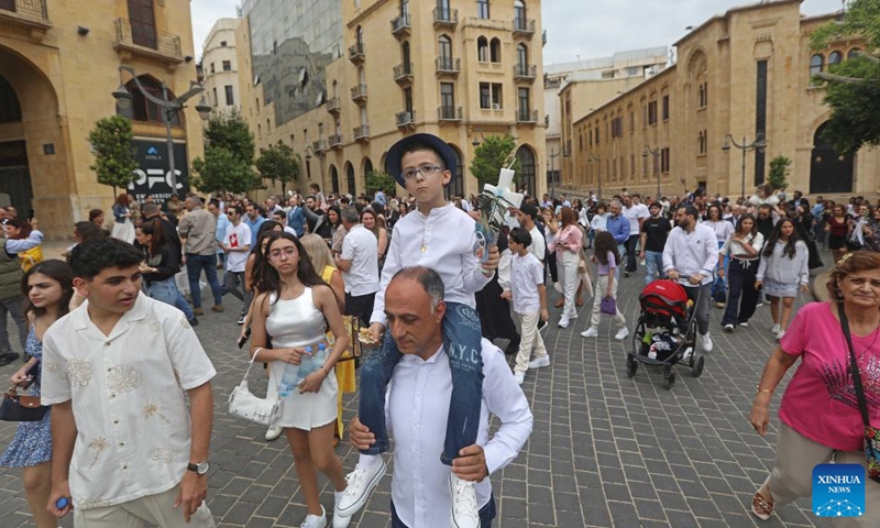 Orthodox Christians celebrate Palm Sunday in downtown Beirut, Lebanon, April 28, 2024. (Xinhua/Bilal Jawich)