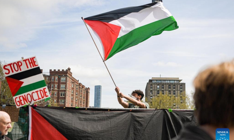 A pro-Palestinian protest is held inside Massachusetts Institute of Technology campus in Cambridge, Massachusetts, the United States, May 3, 2024. (Photo by Ziyu Julian Zhu/Xinhua)