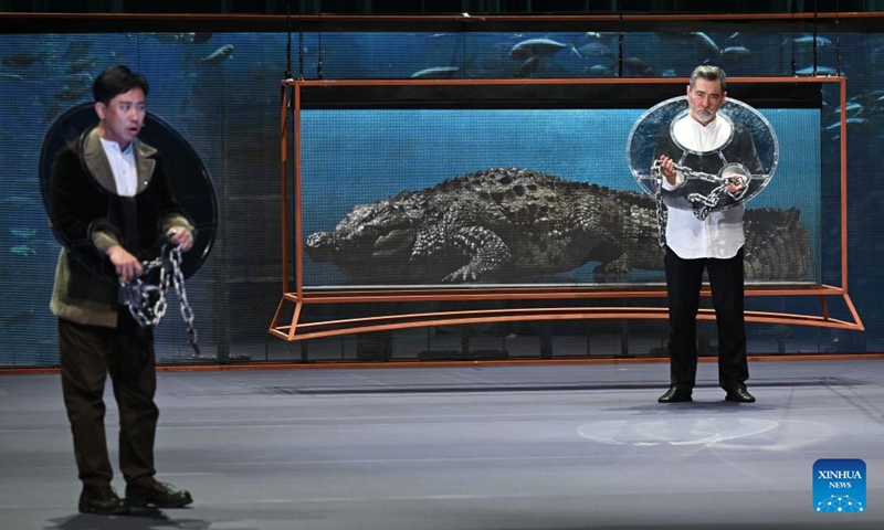 This photo taken on May 3, 2024 shows a scene during the debut of drama Crocodile in Suzhou, east China's Jiangsu Province. Crocodile, a new drama by Mo Yan, a winner of Nobel Prize for Literature, made its debut here on Friday. (Xinhua/Jin Liangkuai)
