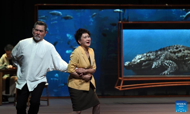This photo taken on May 3, 2024 shows a scene during the debut of drama Crocodile in Suzhou, east China's Jiangsu Province. Crocodile, a new drama by Mo Yan, a winner of Nobel Prize for Literature, made its debut here on Friday. (Xinhua/Jin Liangkuai)
