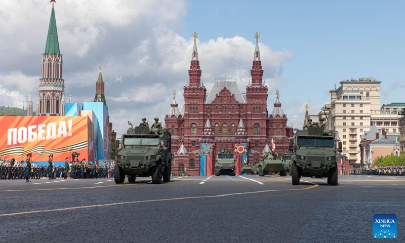 Armored vehicles drive along Red Square during a rehearsal for the Victory Day military parade, which marks the 79th anniversary of the Soviet victory in the Great Patriotic War, Russia's term for World War II, in Moscow, Russia, May 5, 2024. Photo: Xinhua