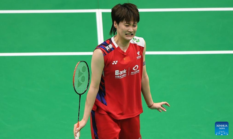 Chen Yufei of China reacts in the singles match against Gregoria Mariska Tunjung of Indonesia during the final of BWF Uber Cup Finals in Chengdu, southwest China's Sichuan Province, May 5, 2024. Photo: Xinhua