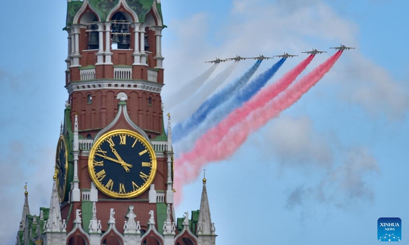 Military planes fly over Red Square during a rehearsal for the Victory Day military parade, which marks the 79th anniversary of the Soviet victory in the Great Patriotic War, Russia's term for World War II, in Moscow, Russia, May 5, 2024. Photo: Xinhua