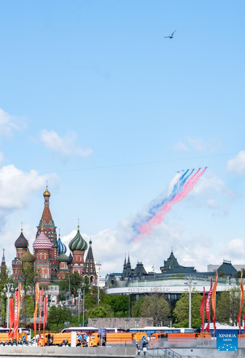 Military planes fly over Red Square during a rehearsal for the Victory Day military parade, which marks the 79th anniversary of the Soviet victory in the Great Patriotic War, Russia's term for World War II, in Moscow, Russia, May 5, 2024. Photo: Xinhua