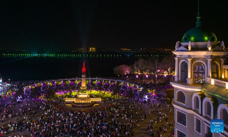 A drone photo taken on May 3, 2024 shows a light show held at a square in Harbin, capital of northeast China's Heilongjiang Province. Photo: Xinhua