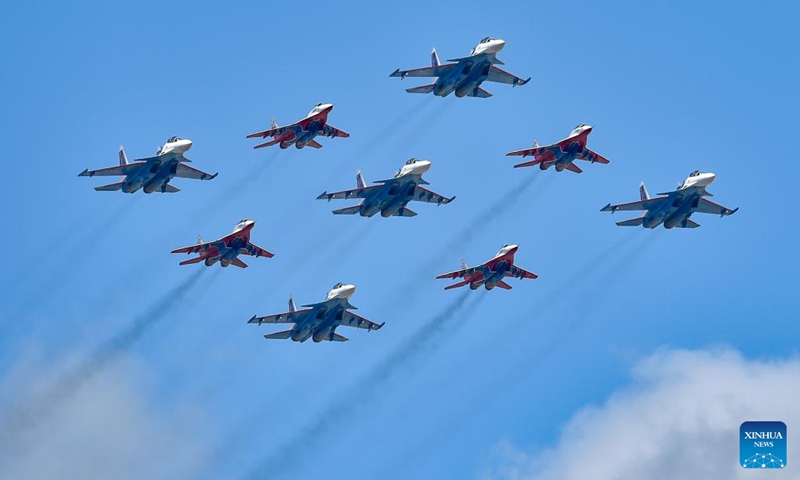 Jet fighters of aerobatic teams fly over Red Square during a rehearsal for the Victory Day military parade, which marks the 79th anniversary of the Soviet victory in the Great Patriotic War, Russia's term for World War II, in Moscow, Russia, May 5, 2024. Photo: Xinhua