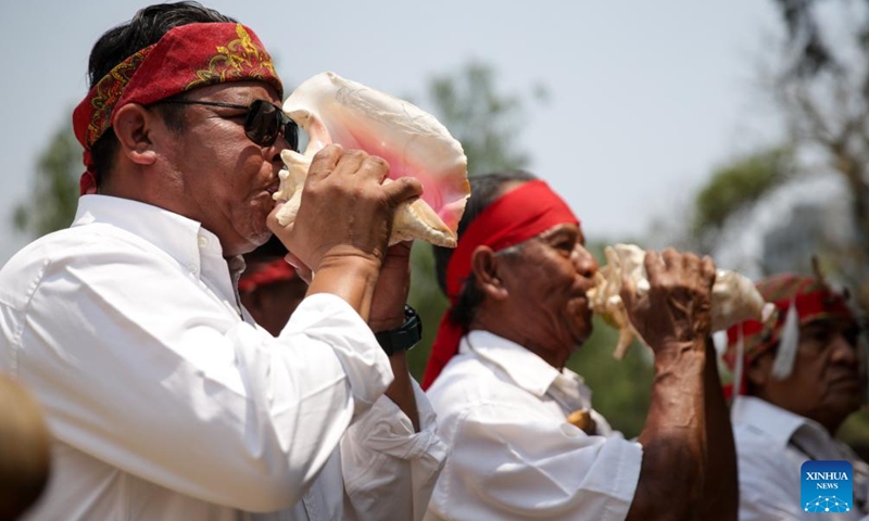 People participate in a rain petition ceremony at the Cuicuilco archaeological zone, in Mexico City, Mexico, on May 3, 2024. Photo: Xinhua