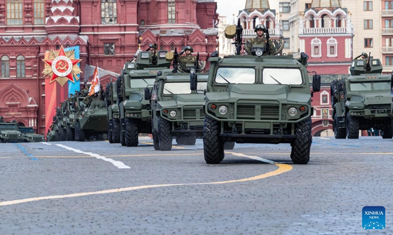 Armored vehicles drive along Red Square during a rehearsal for the Victory Day military parade, which marks the 79th anniversary of the Soviet victory in the Great Patriotic War, Russia's term for World War II, in Moscow, Russia, May 5, 2024. Photo: Xinhua